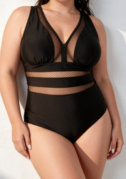 Klasyczny jednoczęściowy strój kąpielowy z siateczką plus size