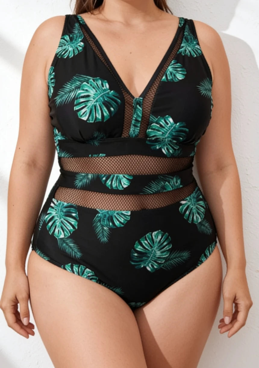 Klasyczny jednoczęściowy strój kąpielowy z siateczką plus size