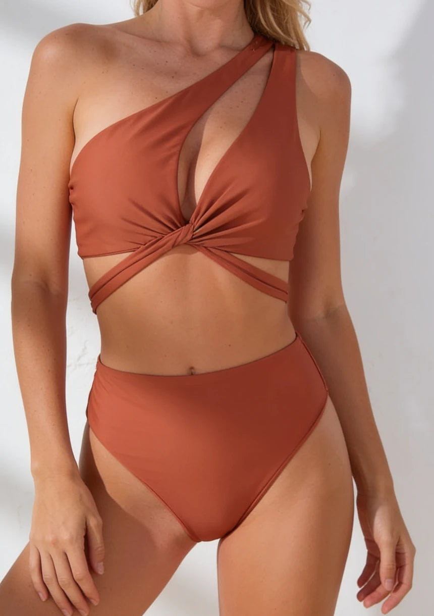 Dwuczęściowy gładki strój kąpielowy bikini na jedno ramię