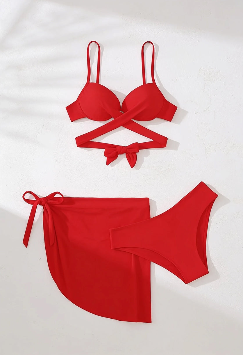 Dwuczęściowy strój kąpielowy bikini z prześwitującą spódniczką