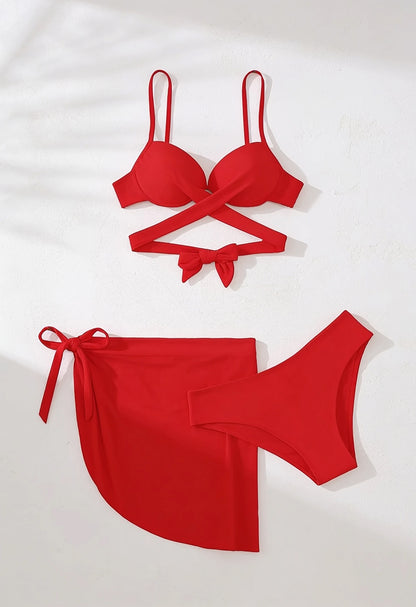 Dwuczęściowy strój kąpielowy bikini z prześwitującą spódniczką