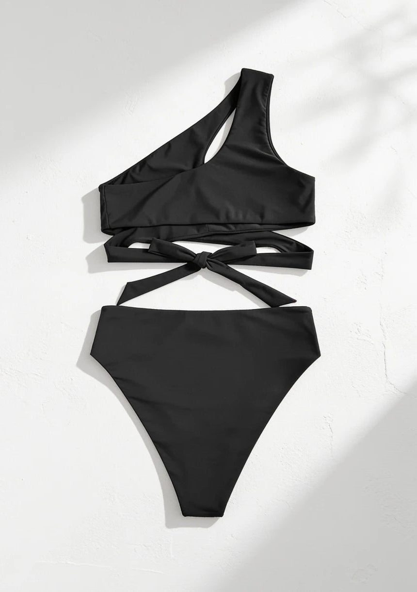 Dwuczęściowy gładki strój kąpielowy bikini na jedno ramię