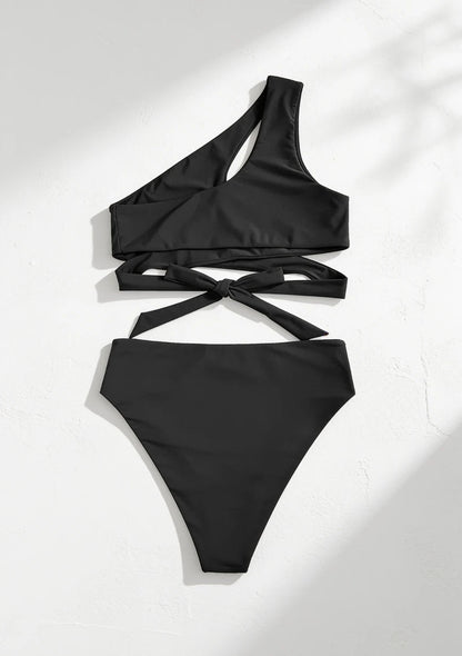 Dwuczęściowy gładki strój kąpielowy bikini na jedno ramię