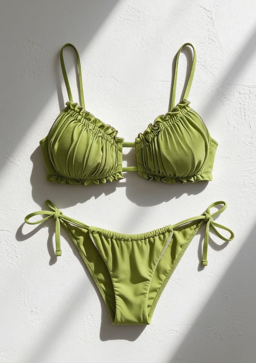 Wiązany dwuczęściowy strój kąpielowy bikini z marszczeniami