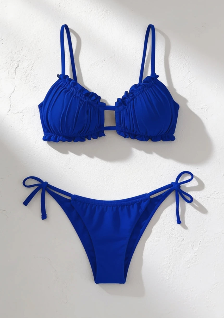 Wiązany dwuczęściowy strój kąpielowy bikini z marszczeniami