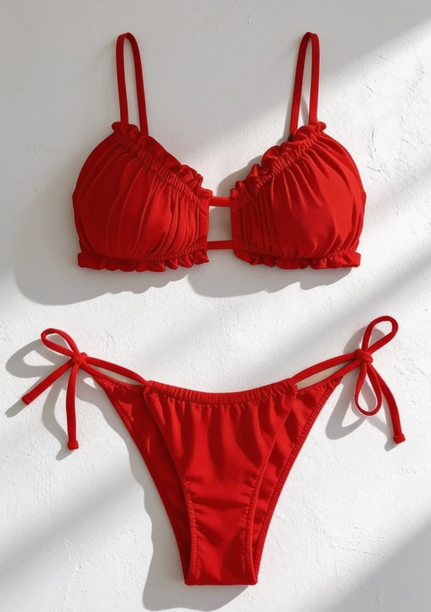 Wiązany dwuczęściowy strój kąpielowy bikini z marszczeniami