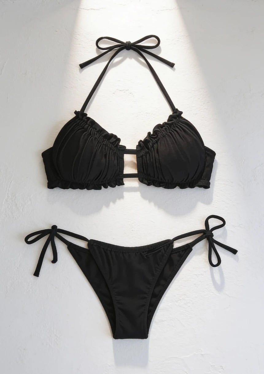 Wiązany dwuczęściowy strój kąpielowy bikini z marszczeniami