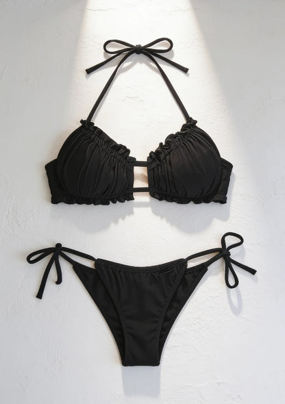 Wiązany dwuczęściowy strój kąpielowy bikini z marszczeniami