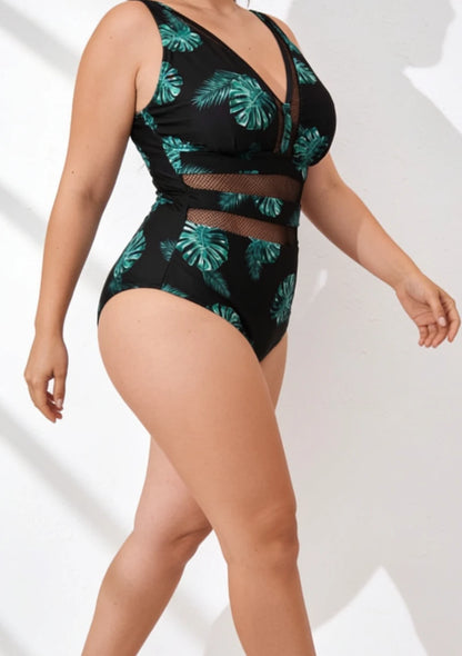 Klasyczny jednoczęściowy strój kąpielowy z siateczką plus size