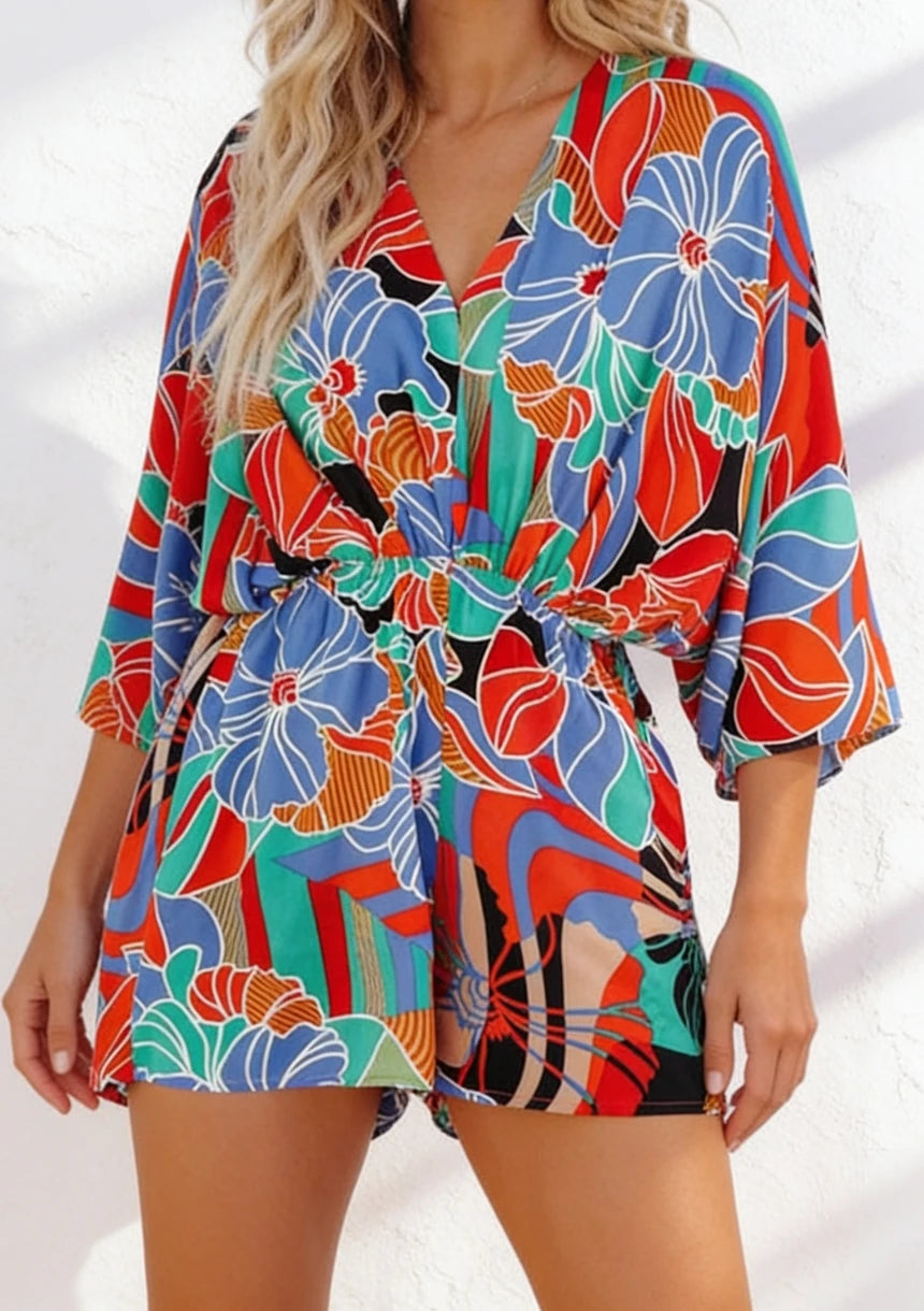 Wzorzysty kombinezon na lato z rękawem 3/4