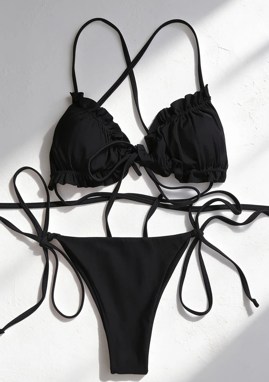 Dwuczęściowy strój kąpielowy bikini z długimi sznureczkami