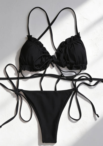 Dwuczęściowy strój kąpielowy bikini z długimi sznureczkami