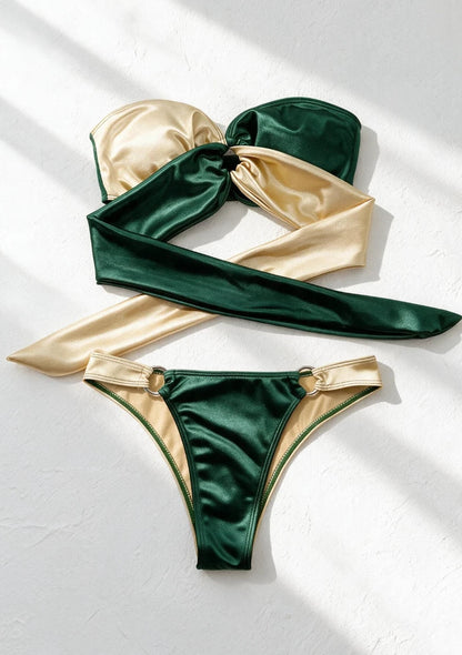 Zielono-złoty dwuczęściowy strój kąpielowy bikini bandeau
