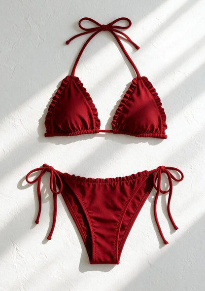 Wiązany dwuczęściowy strój kąpielowy bikini z drobnymi falbankami