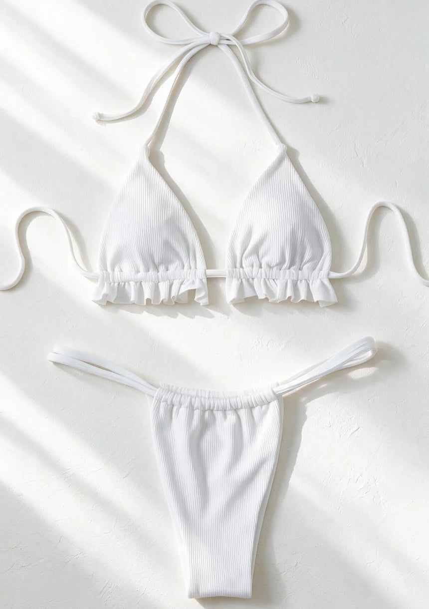 Dwuczęściowy strój kąpielowy bikini marszczony z falbankami