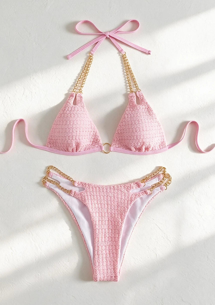 Dwuczęściowy teksturowany strój kąpielowy bikini z łańcuszkami
