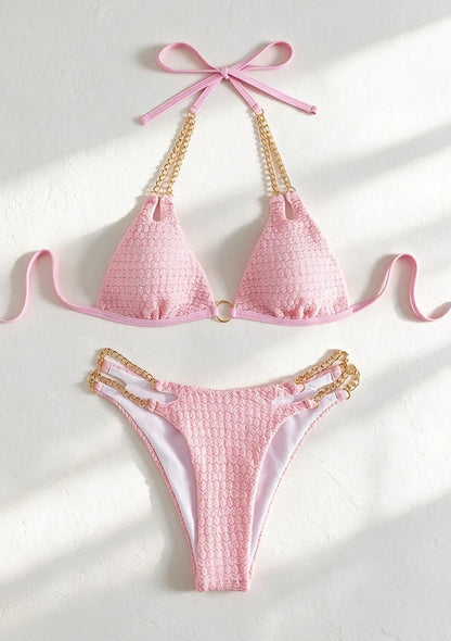 Dwuczęściowy teksturowany strój kąpielowy bikini z łańcuszkami