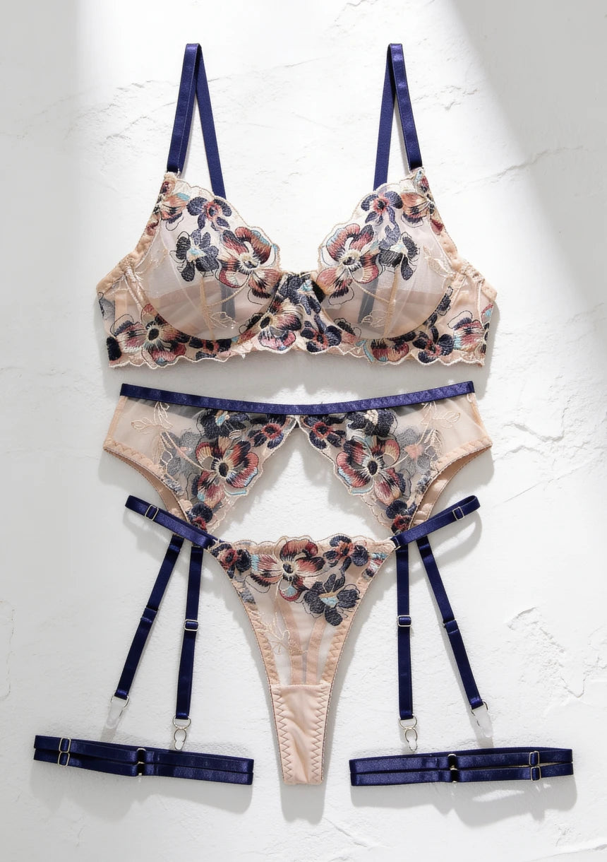 3-częściowy komplet bielizny siateczkowej z kwiatowym haftem