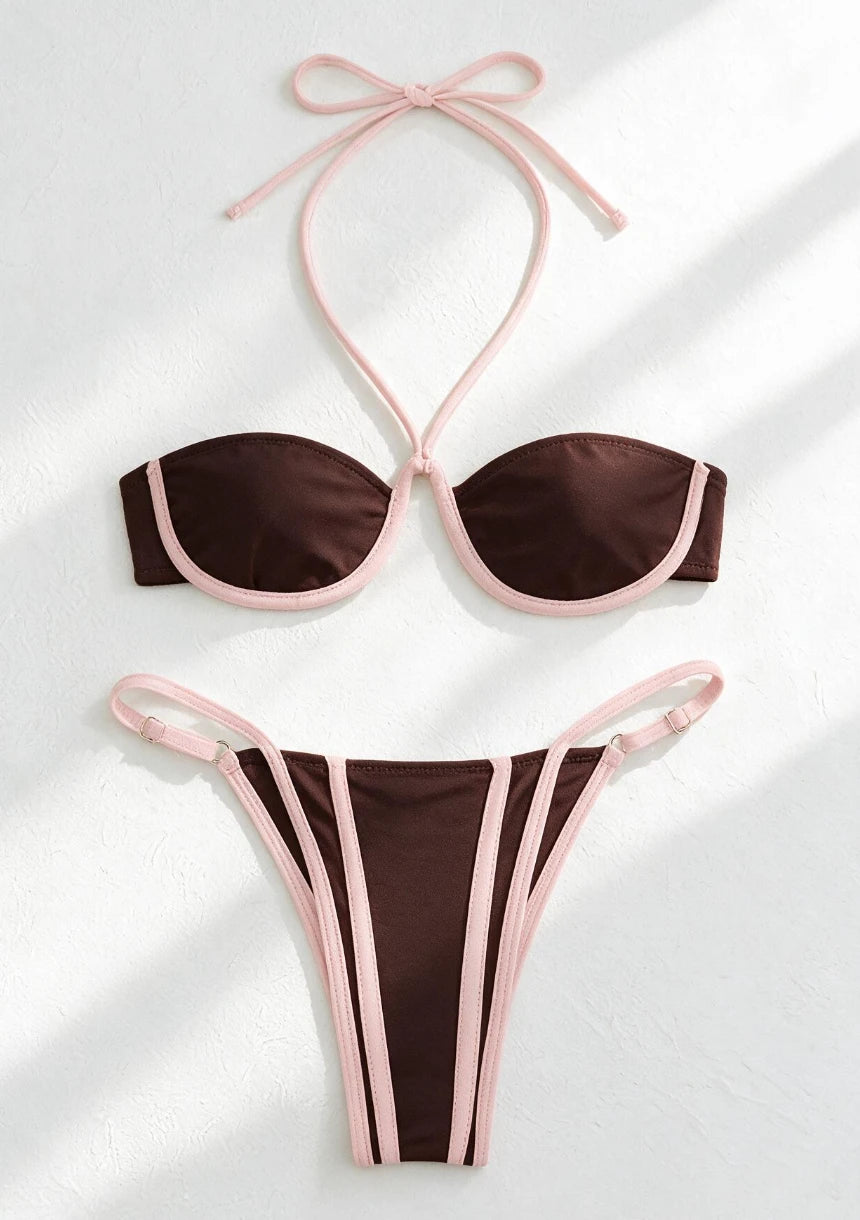 Dwuczęściowy strój kąpielowy bikini z ozdobnym wiązaniem na szyi