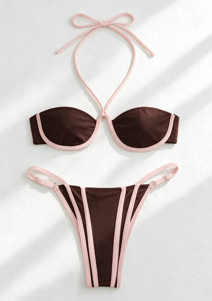 Dwuczęściowy strój kąpielowy bikini z ozdobnym wiązaniem na szyi