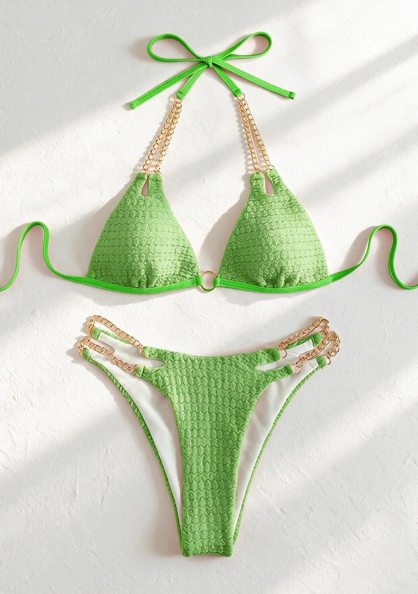 Dwuczęściowy teksturowany strój kąpielowy bikini z łańcuszkami