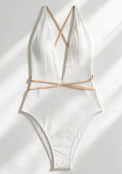 Monokini jednoczęściowy strój kąpielowy z wiązaniem i głębokim dekoltem