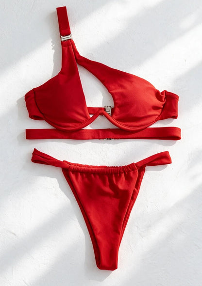 Asymetryczny dwuczęściowy strój kąpielowy bikini z klamrą na ramieniu