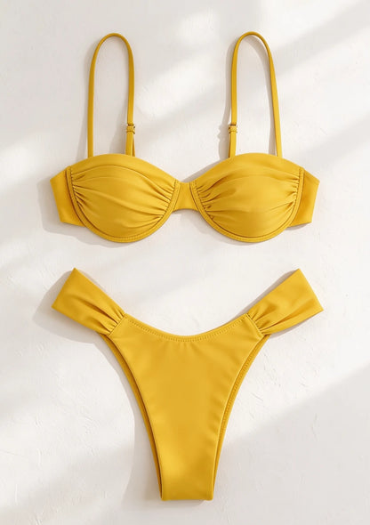 Dwuczęściowy strój kąpielowy bikini marszczony w jednolitym kolorze