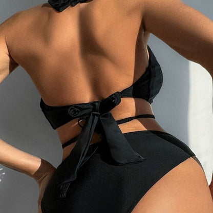 Monokini czarny jednoczęściowy strój kąpielowy wiązany na szyi