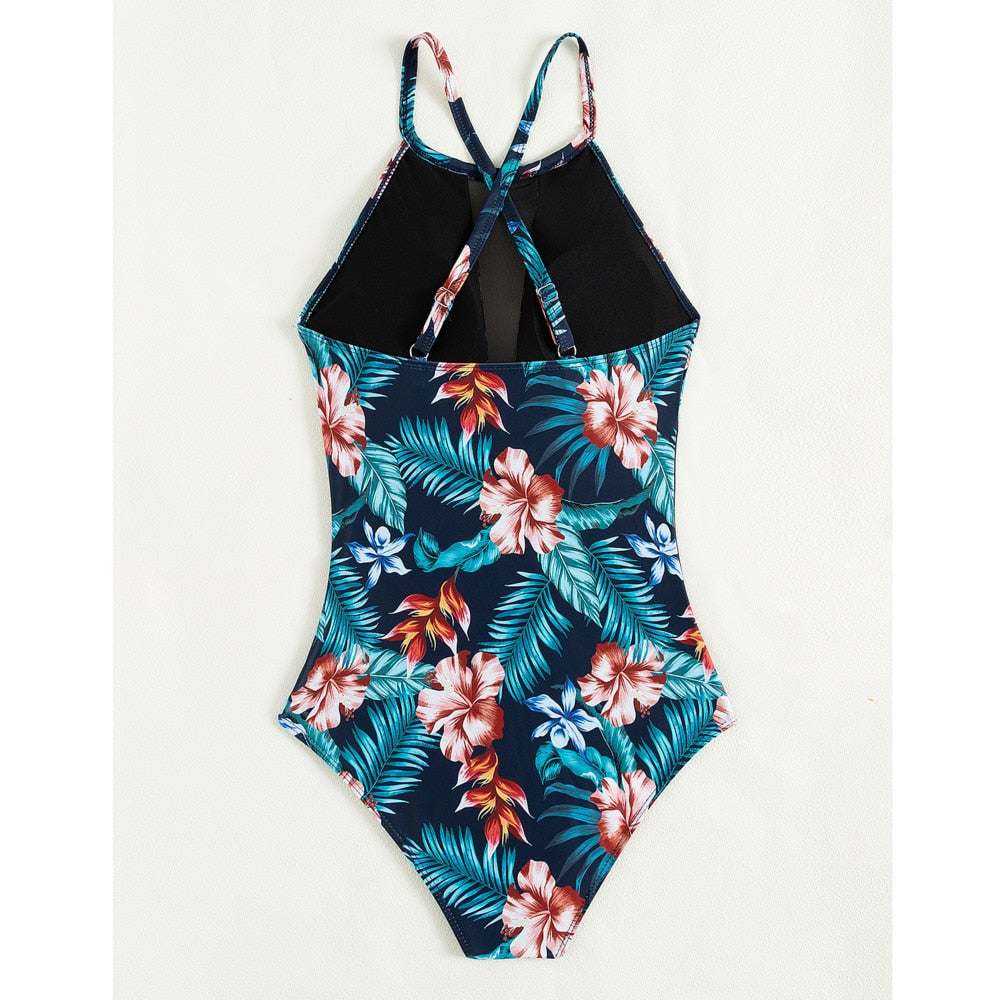 Monokini jednoczęściowy strój kąpielowy z siateczką w kwiaty Helene