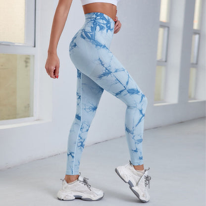 Niebieski Sportowe legginsy z wysokim stanem tie dye