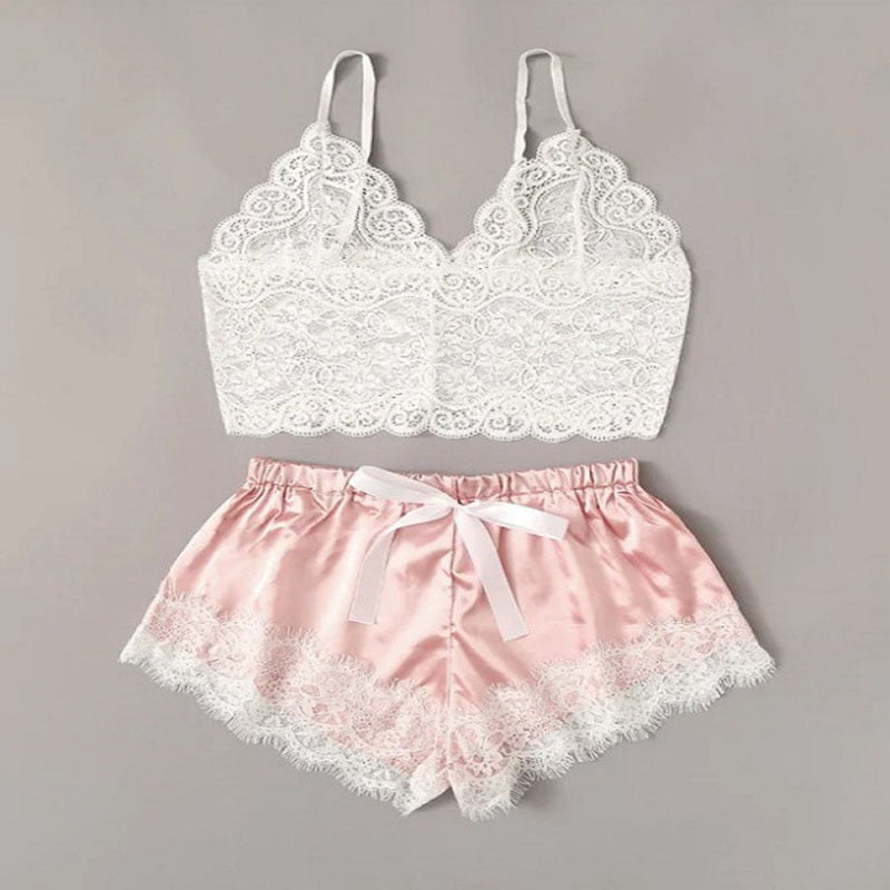 Piżama damska na ramiączkach z koronkową górą Misty - Różowy / S
