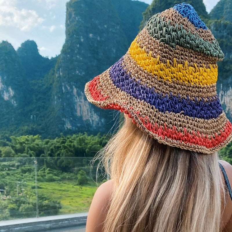 Pleciony kapelusz w kolorowe paski Constance - Beżowy / Uniwersalny