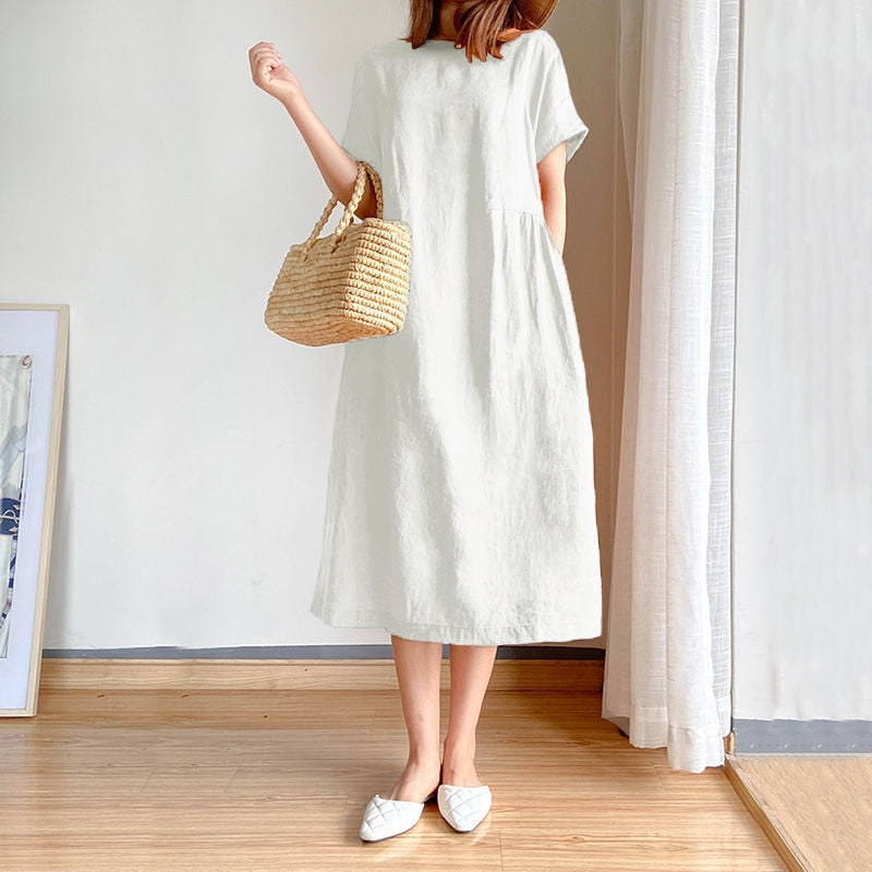 Prosta sukienka letnia midi z kieszeniami - Biały / S