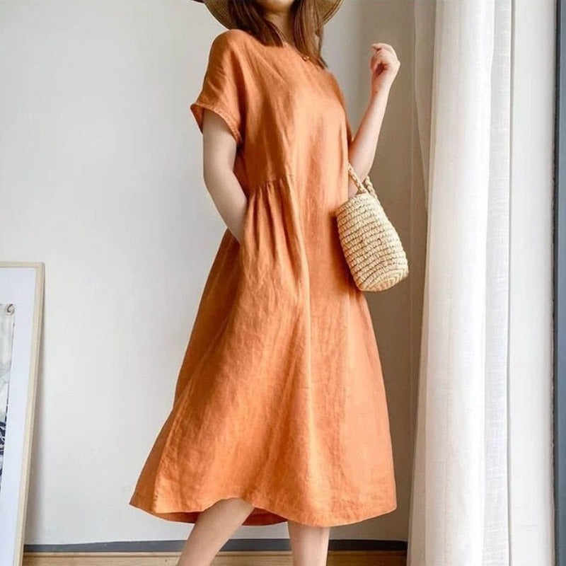 Prosta sukienka letnia midi z kieszeniami - Pomarańczowy / S