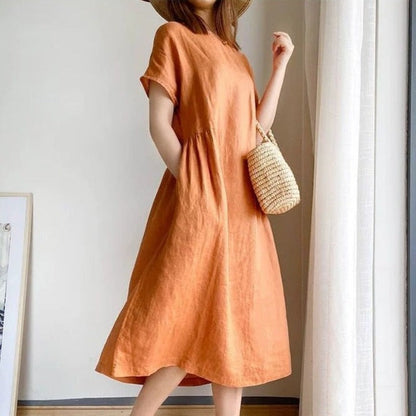 Prosta sukienka letnia midi z kieszeniami - Pomarańczowy / S