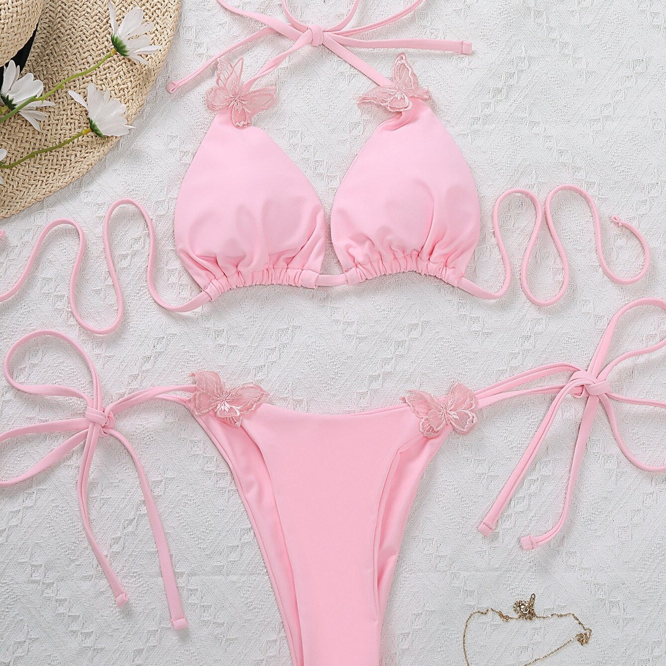 Różowy dwuczęściowy strój kąpielowy bikini z motylkami Tina