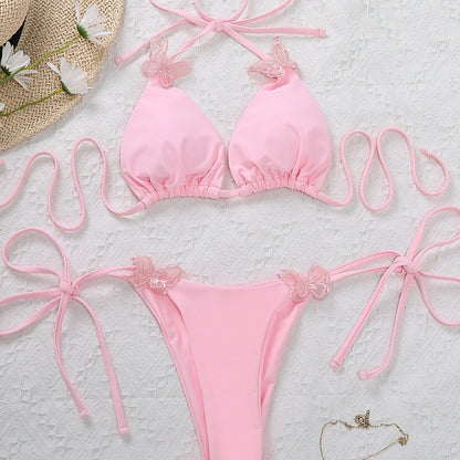 Różowy dwuczęściowy strój kąpielowy bikini z motylkami