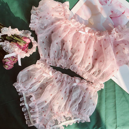 Tiulowa piżama damska z falbankami Mary - Różowy / Uniwersalny