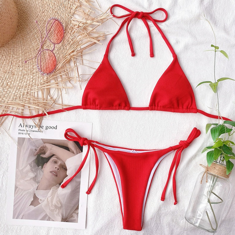 Wiązany dwuczęściowy strój kąpielowy mikro bikini - Czerwony / S