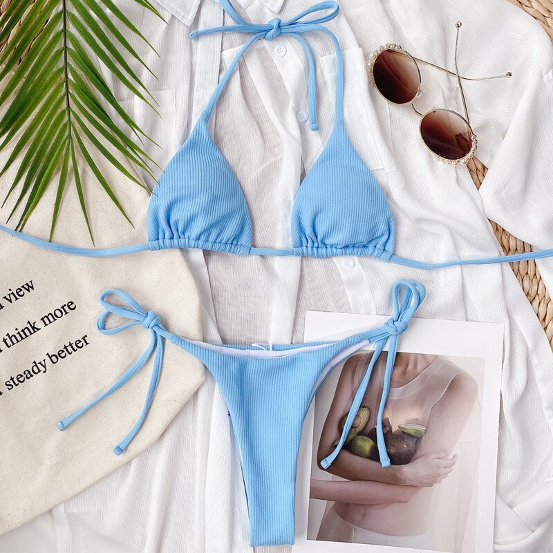 Wiązany dwuczęściowy strój kąpielowy mikro bikini - Niebieski / S