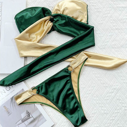  Zielono-złoty dwuczęściowy strój kąpielowy bikini bandeau