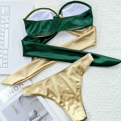 Zielono-złoty dwuczęściowy strój kąpielowy bikini bandeau